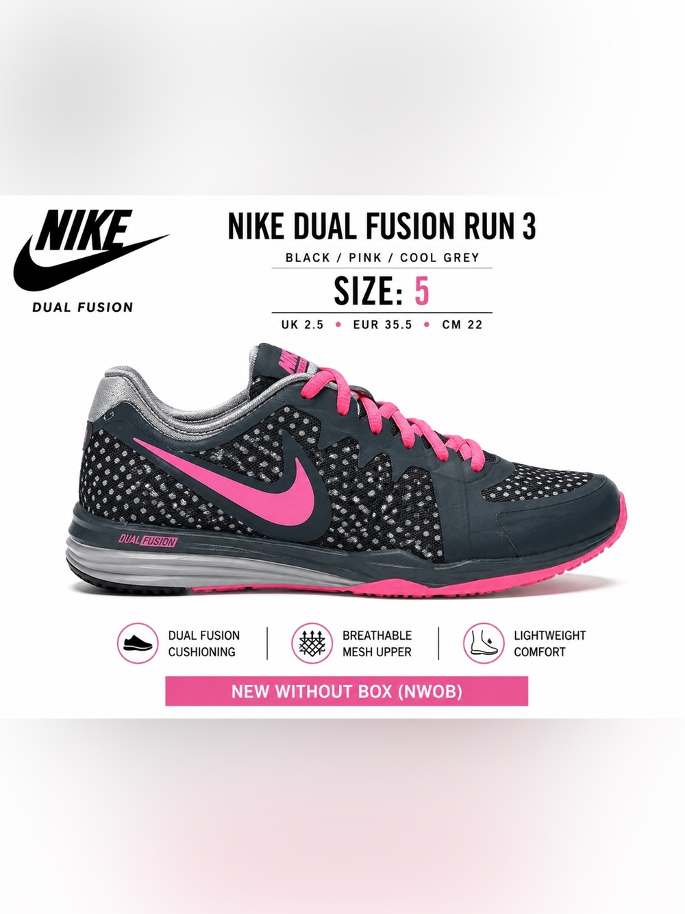 Nike Dual Fusion Run 3 Black Pink Gray Running Shoes Women’s Size 5 704941-002